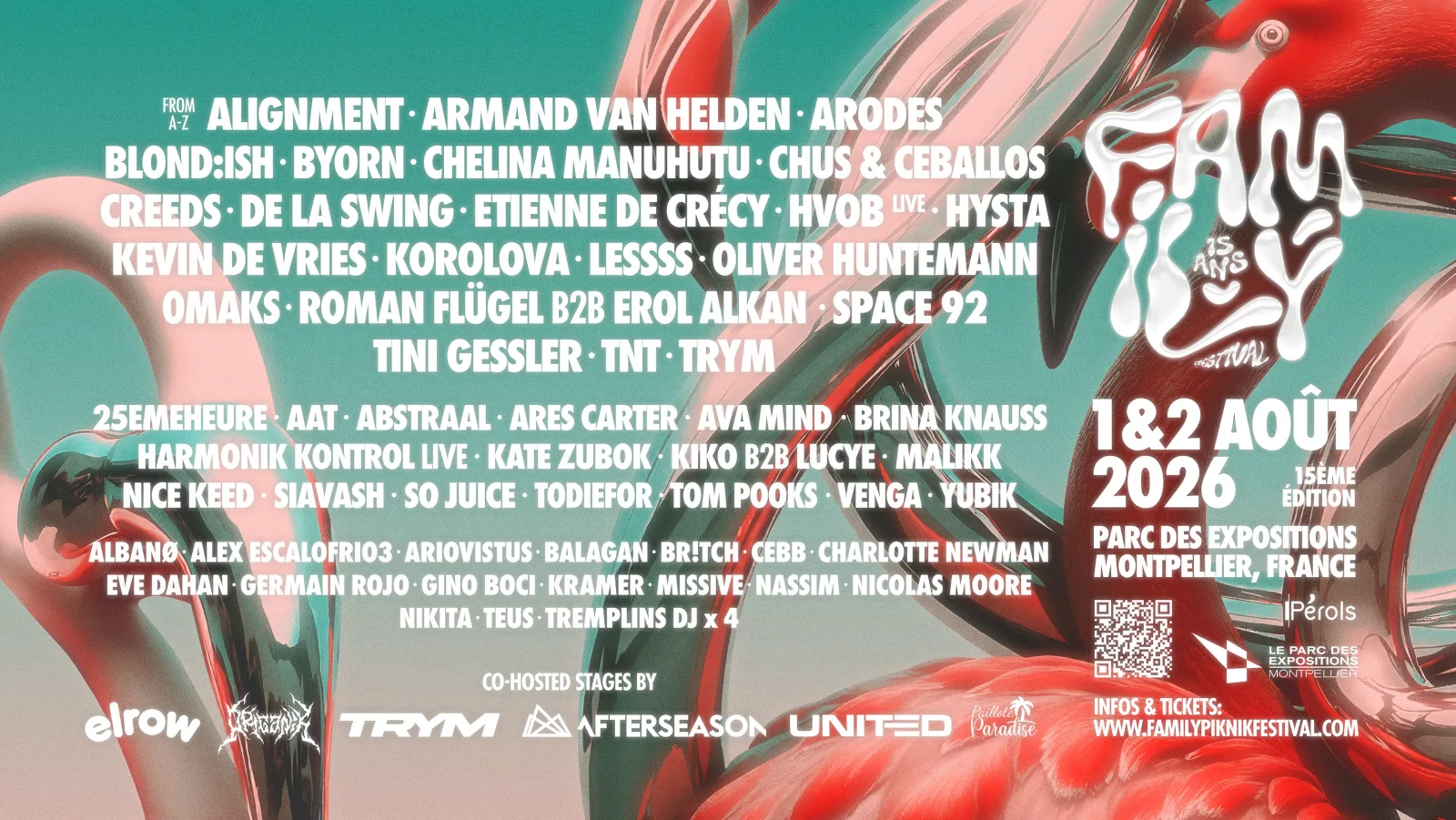 Official Family Festival 2026 poster — 15th anniversary, August 1-2, Parc des Expositions, Montpellier