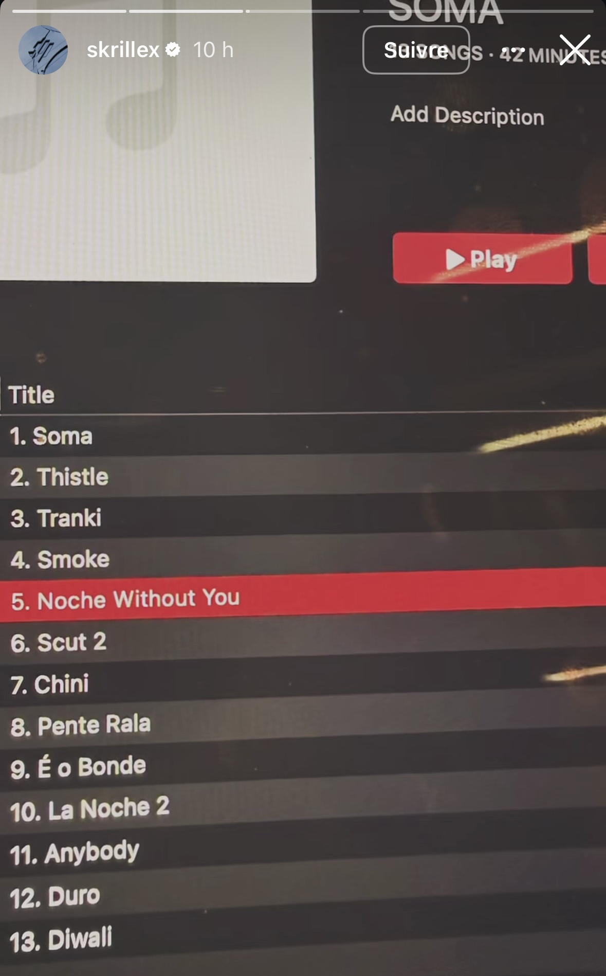 Story Instagram de Skrillex révélant la tracklist de l'album SOMA — 13 titres, 42 minutes