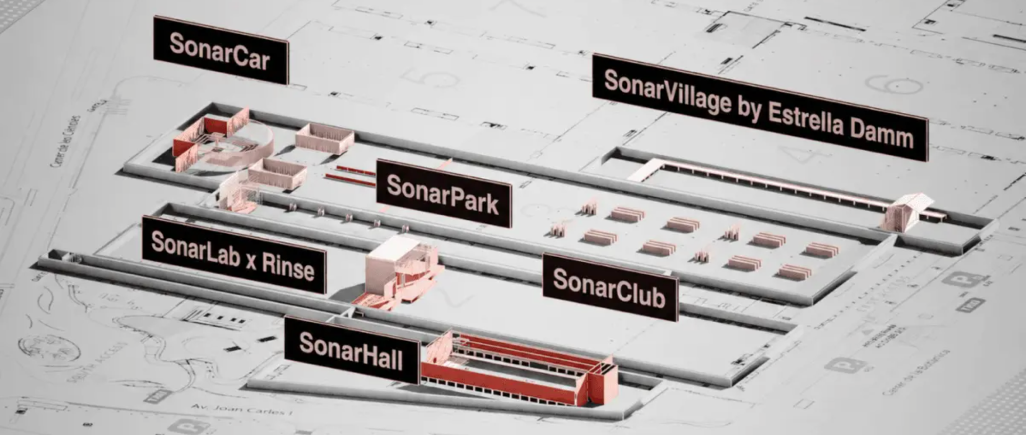 Plan du site Sónar 2026 — Fira Gran Via, Barcelona : SonarVillage, SonarLab x Rinse, SonarClub, SonarHall, SonarPark, SonarCar